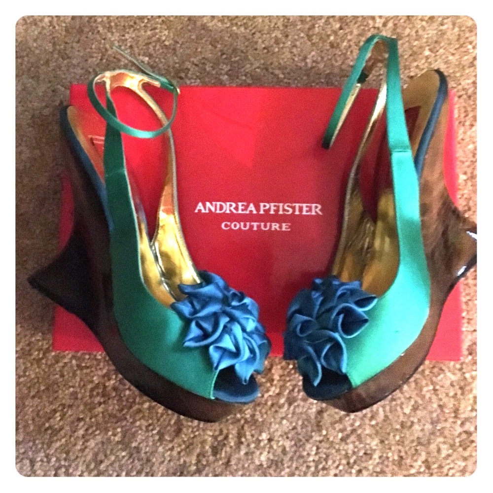 Couture Satin Sling Back Pumps with Wooden Wedge.