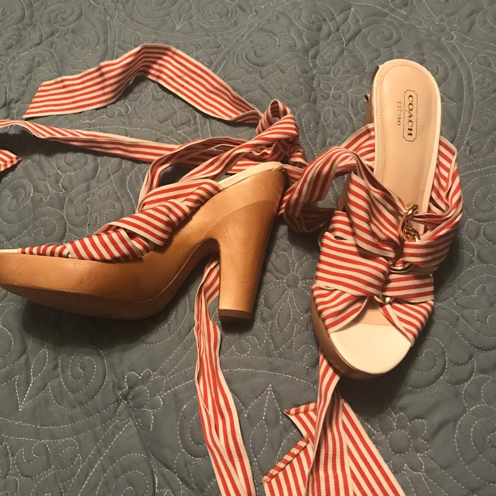 Coach candy cane wrap around ankle wedges