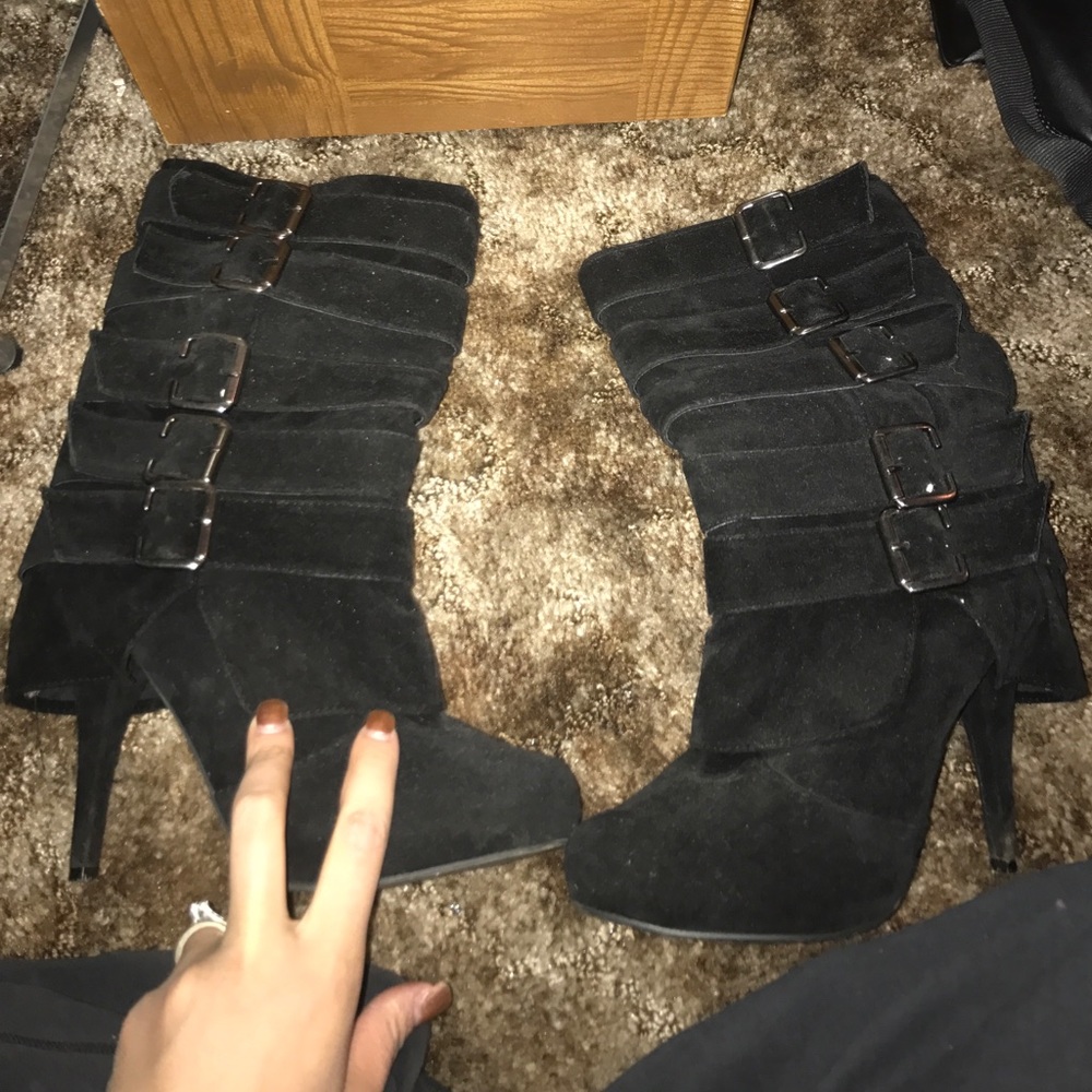 Black suede buckle boots