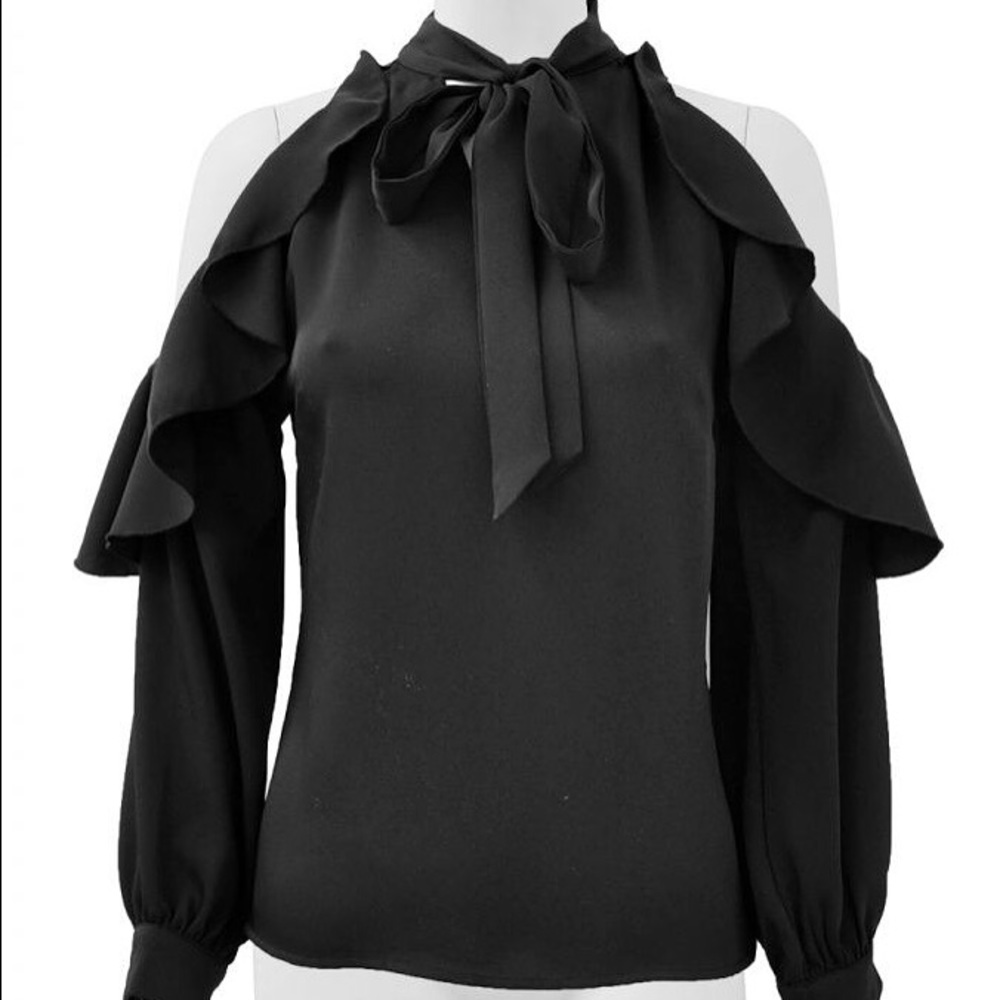 Black cold shoulder bow collar blouse