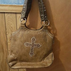 Brown purse w/jeweled cross and handles