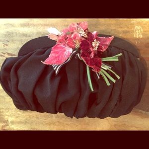 Vintage Black Soft Clutch with Velvet Flowers