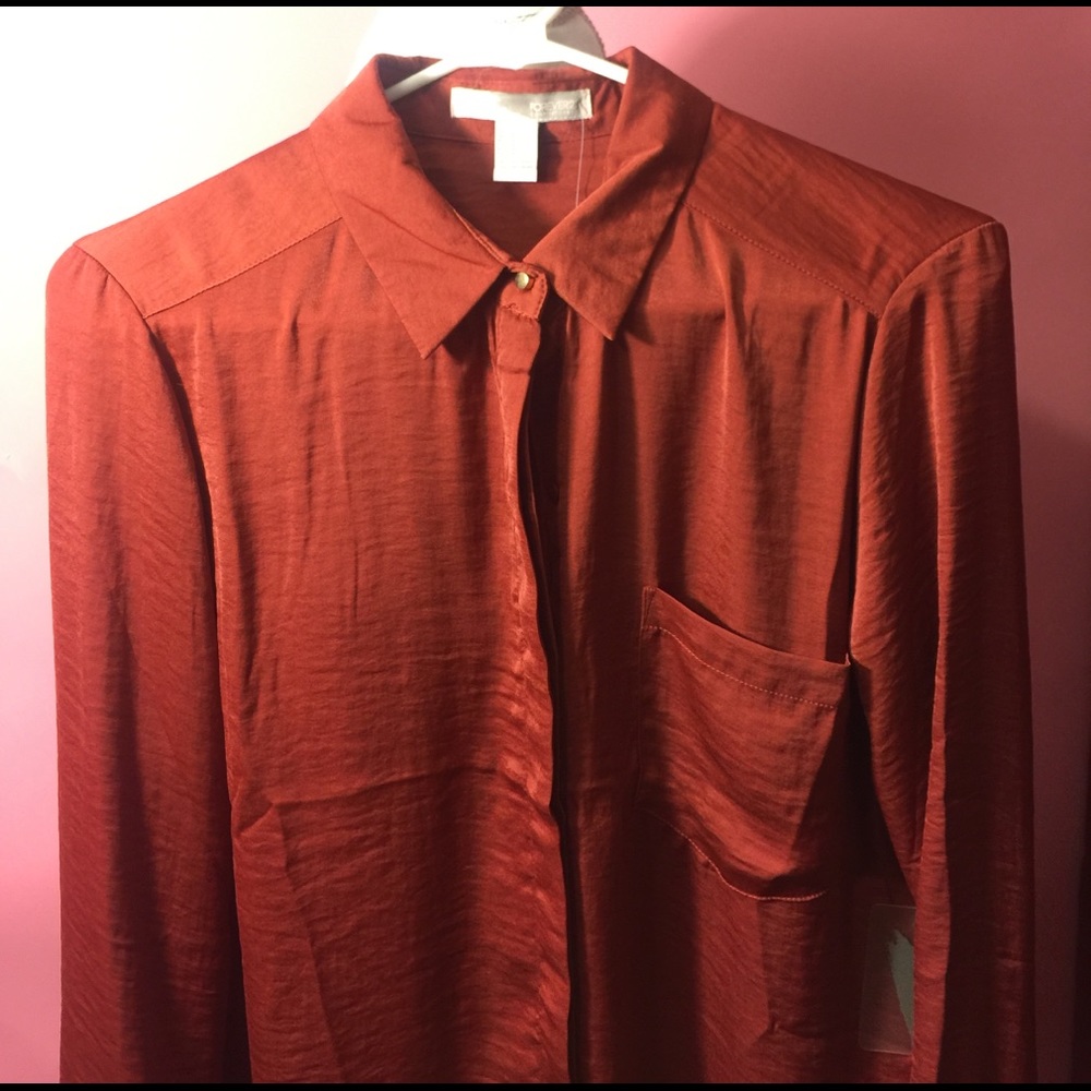 F21 contemporary rustic orange silky blouse MED