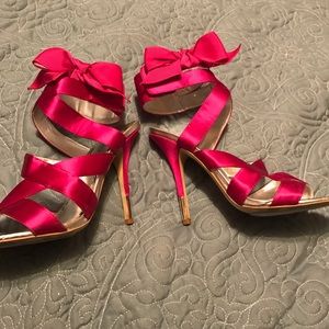 Hot pink satin bow bebe heels