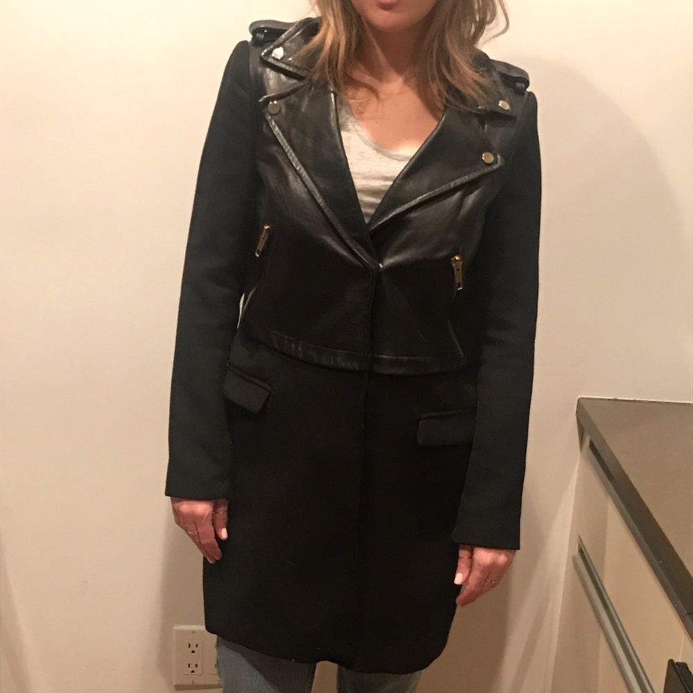 Leather and wool long moto jacket