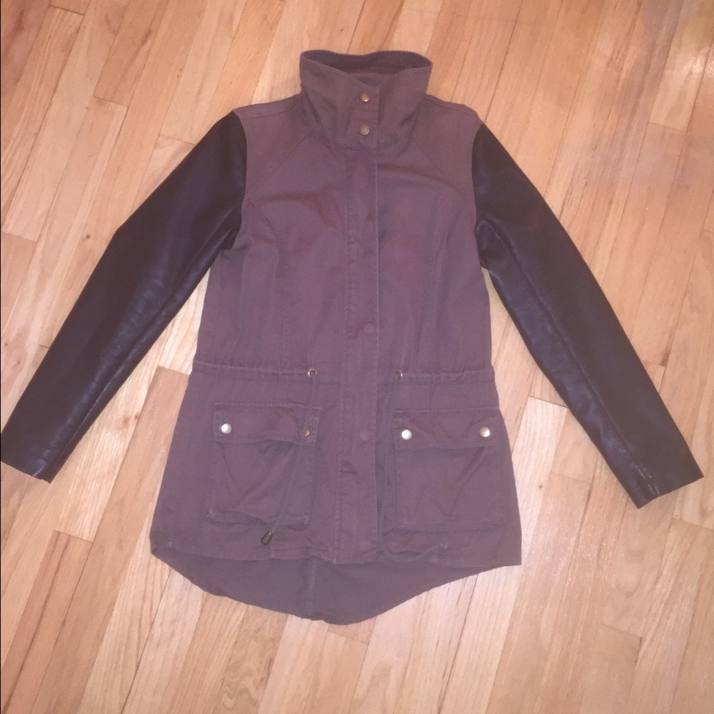 Dark green jacket with faux leather sleeves