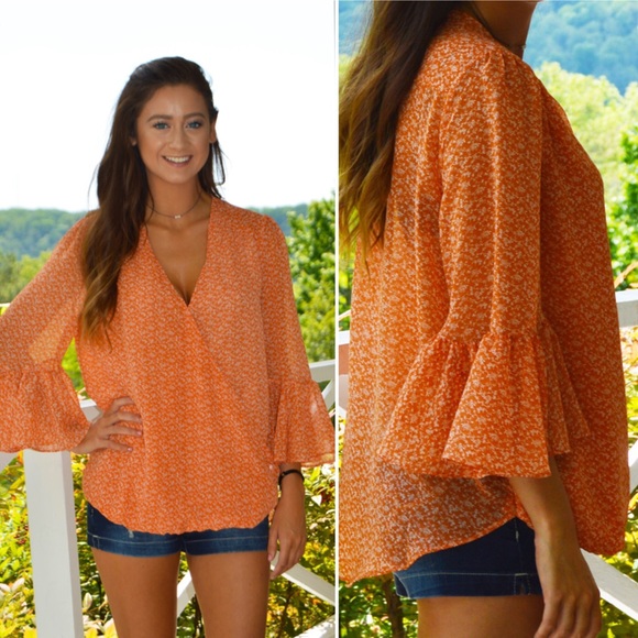 Boutique Bell Sleeve Orange V Neck Top Blouse - Picture 4 of 4