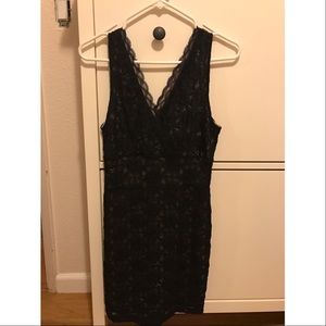 Black Lace over Nude V-Shaped Dress