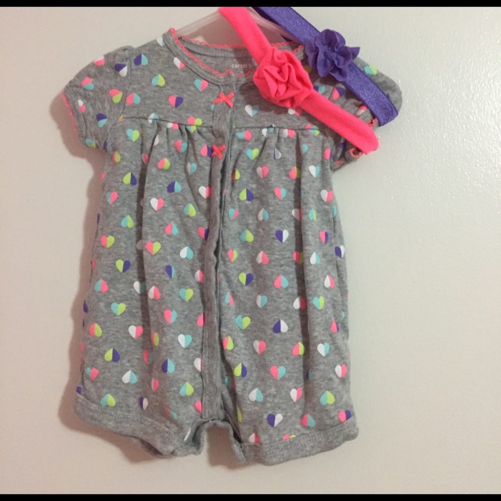 Girl's neon hearts romper with set of 2 headbands