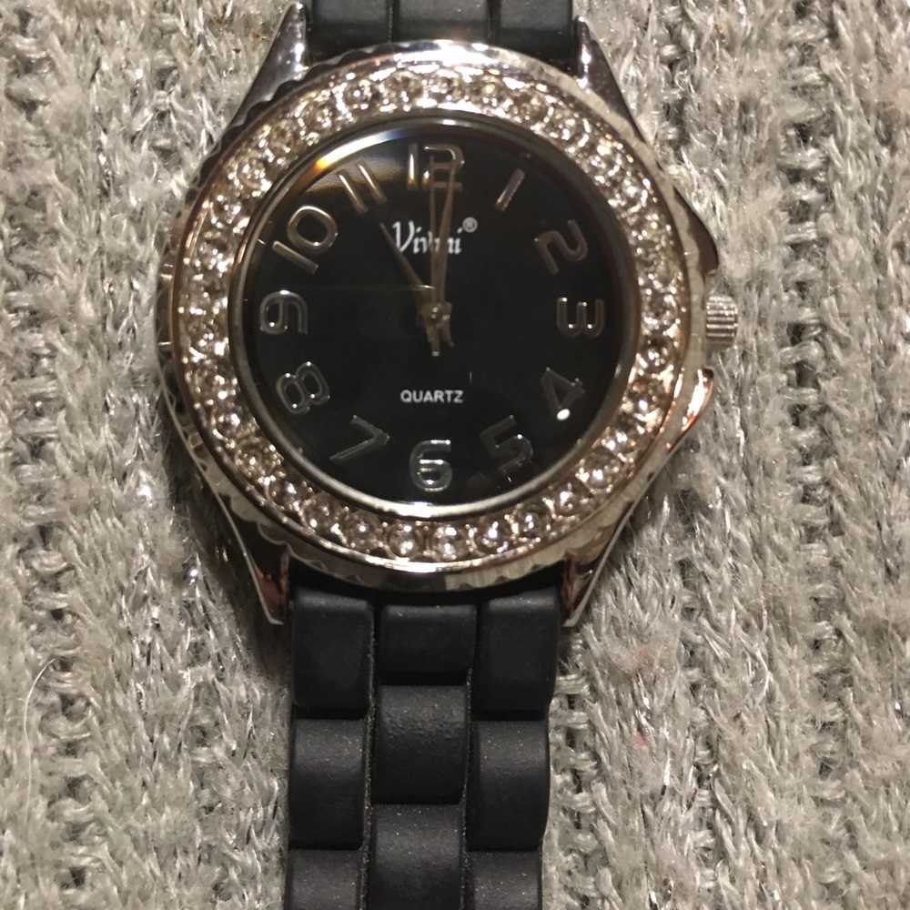 Black jelly watch with pave crystal around clock