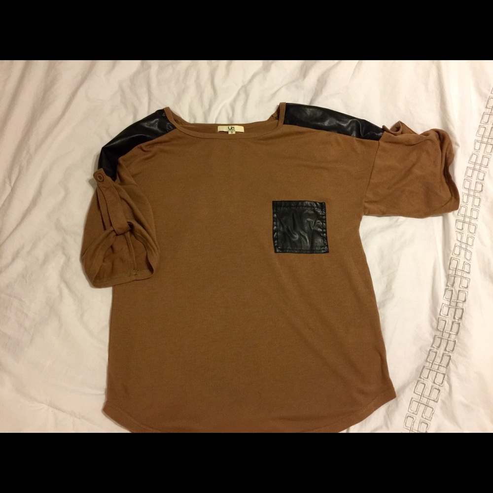 Camel color top with faux leather shoulders