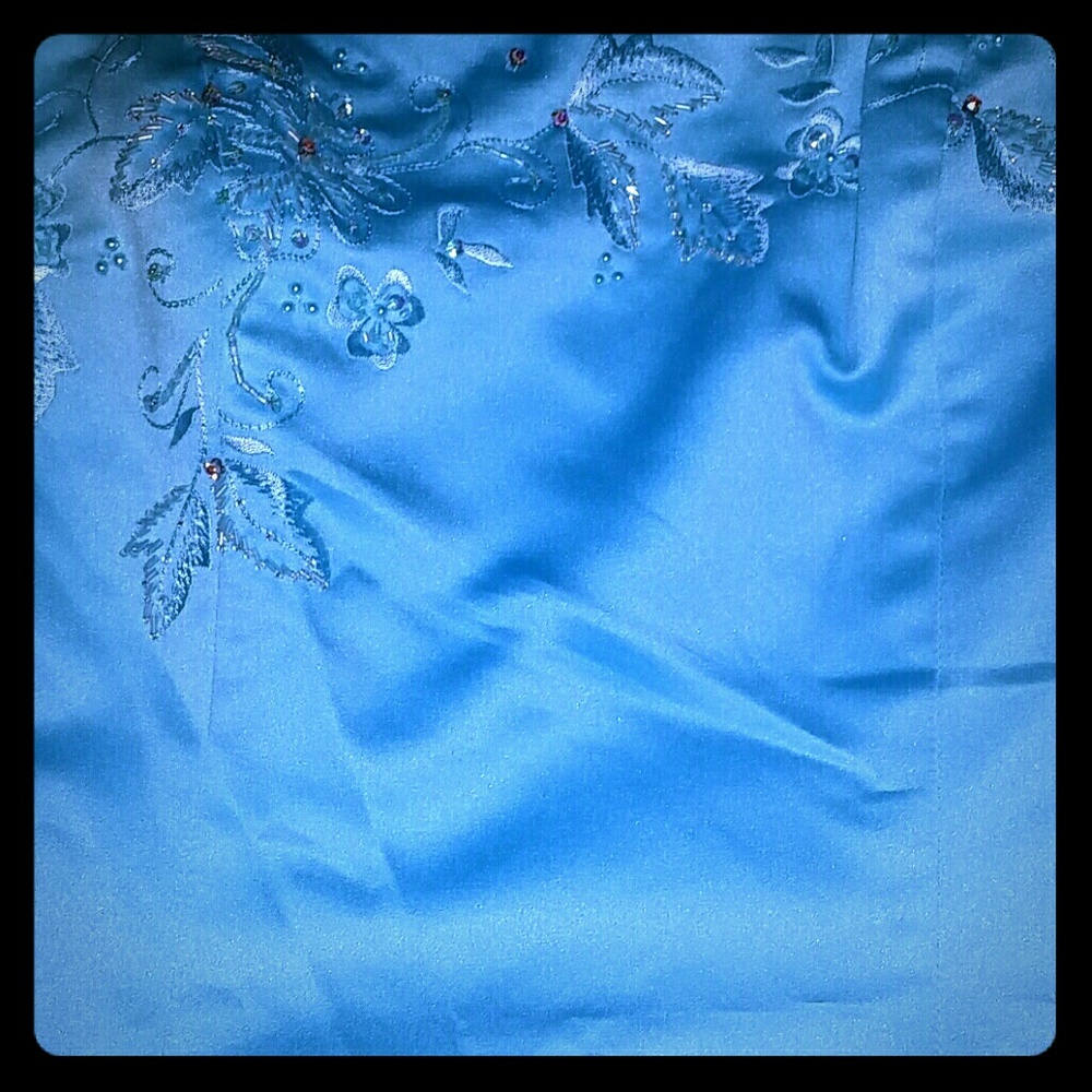 Long silky turquoise prom dress