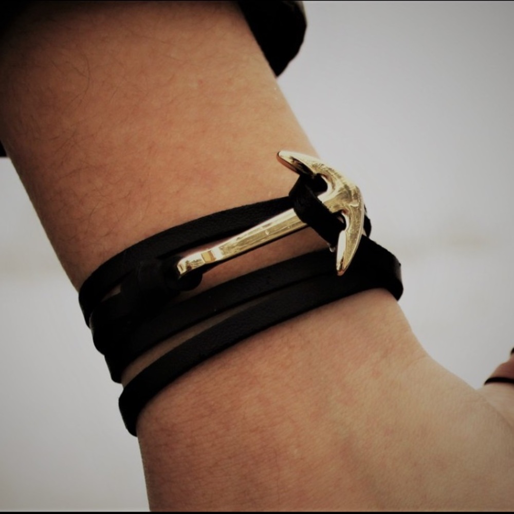 Black leather wrap bracelet anchor charm necklace