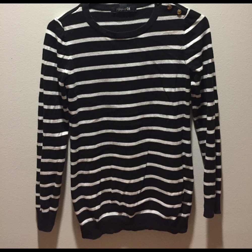 Black striped sweater with gold shoulder buttons