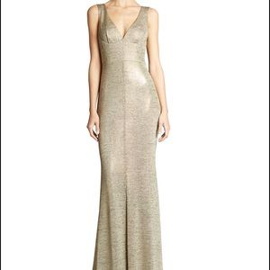 ABS by Allen Schwartz V Neck Metallic gown in gold