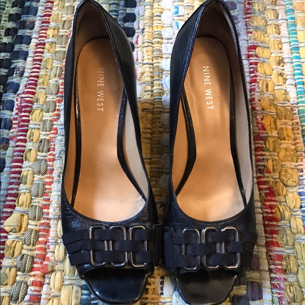 Nine West black peep-toe wedge w/ metal detail
