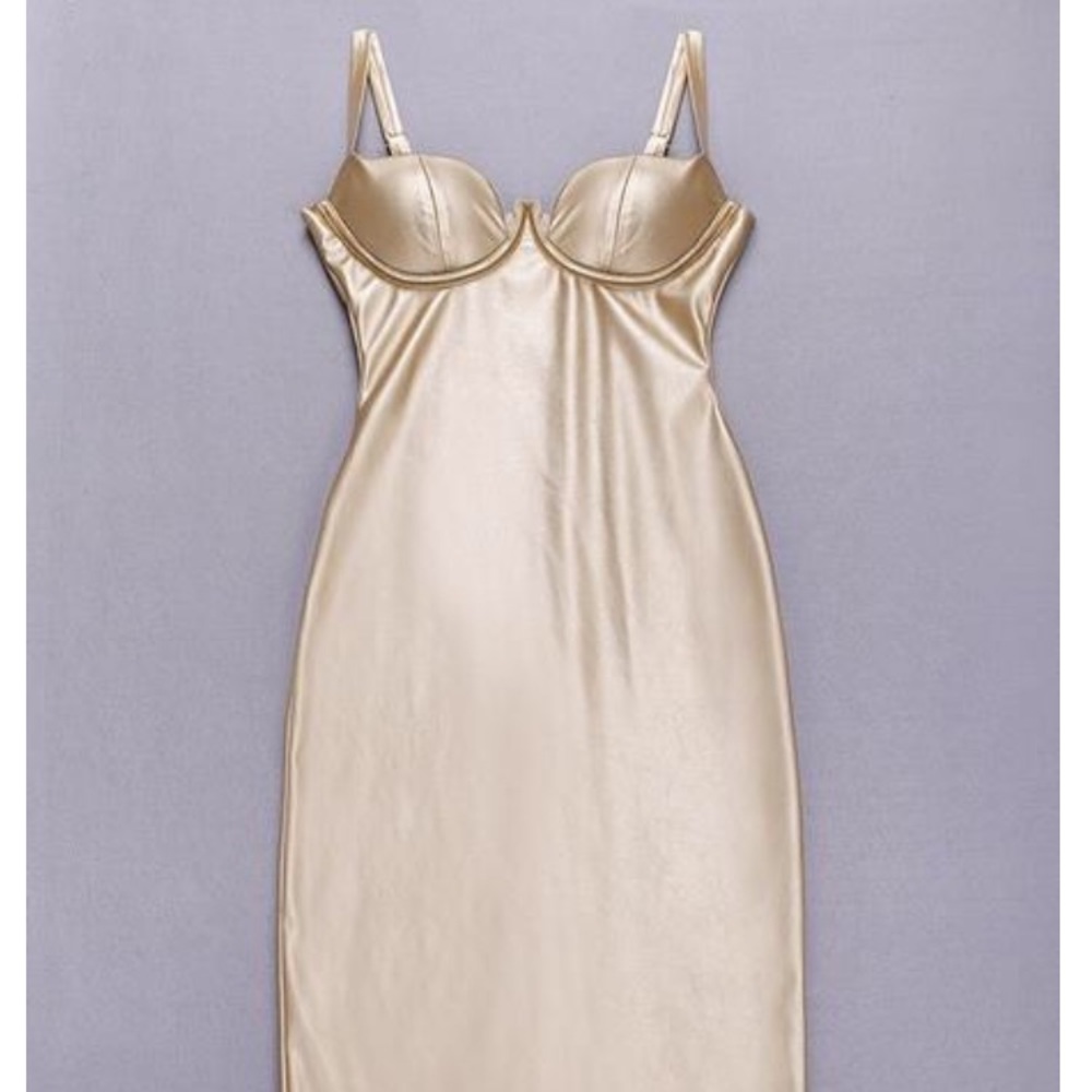 Gold Deep Plunge Leatherette Dress