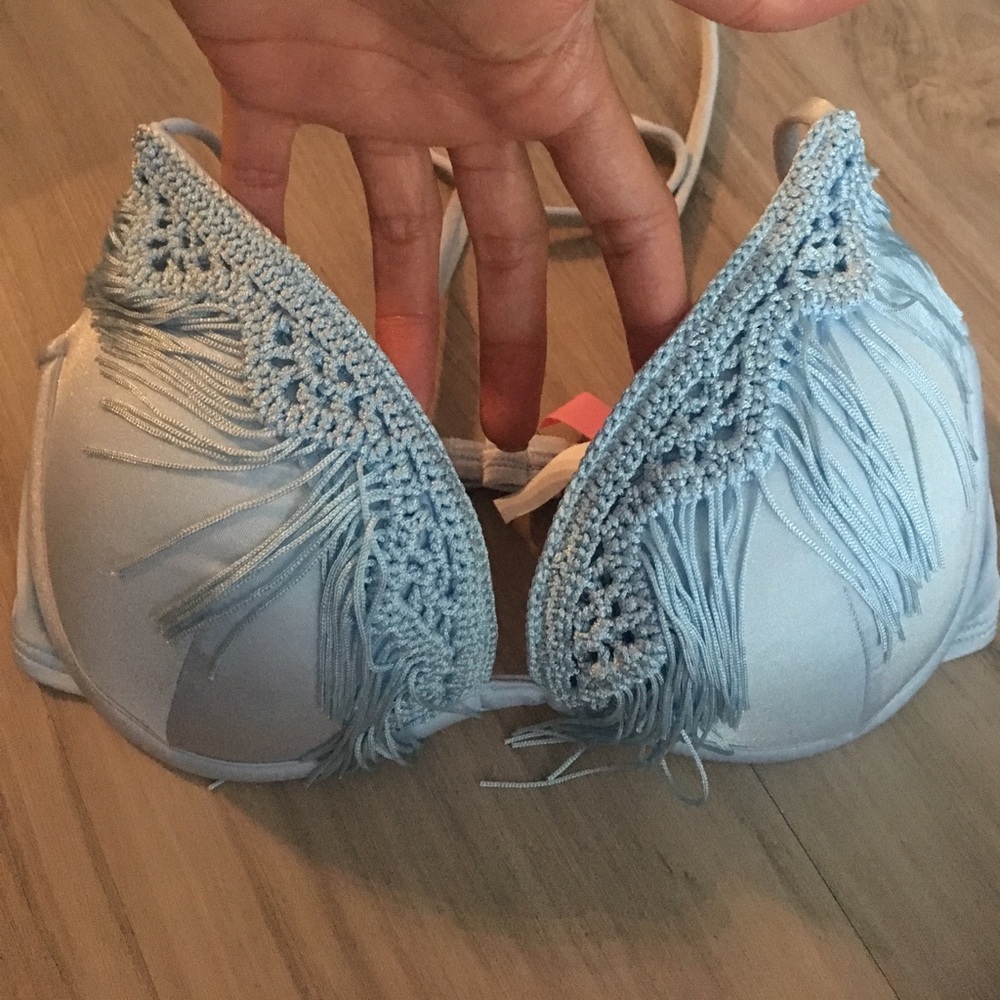 Blue fringe bikini halter top padded