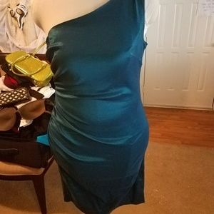 2x, one shoulder, teal 1950s style dress