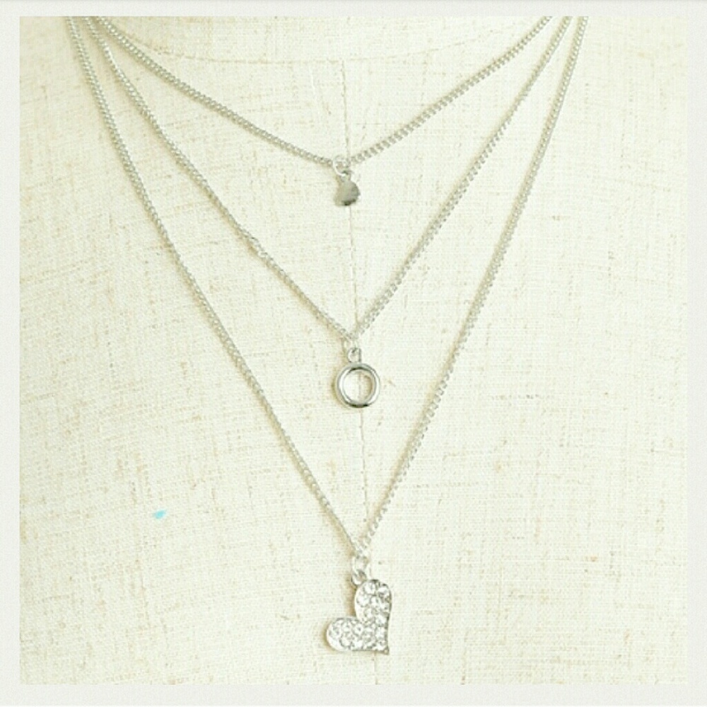Crystal Heart Circle Multi Layered Silver Necklace - Picture 2 of 4