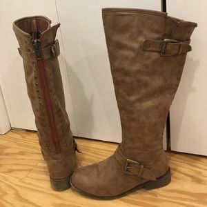 Knee high brown boots red back zipper stud detail