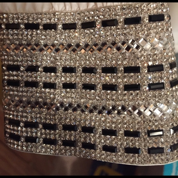 Bebe White tear drop blouse rhinestoned cuffs,neck - Picture 2 of 5