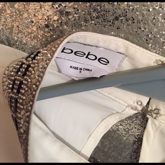 Bebe White tear drop blouse rhinestoned cuffs,neck - Picture 5 of 5