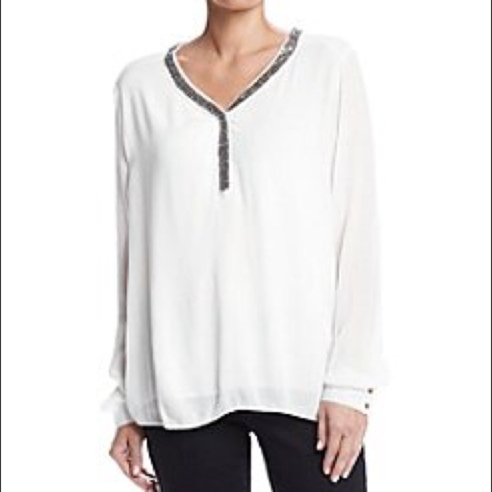 Ruff Hewn Beaded Crepe High-Low Ivory L/S Top