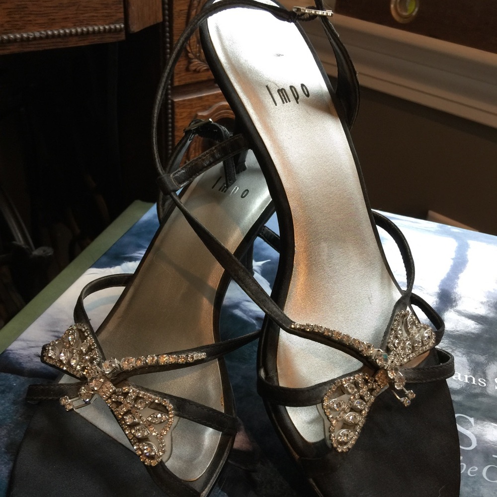 Black satin heels w silver diamond dragonflies
