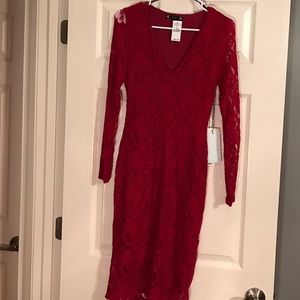 Red lace long sleeve midi dress