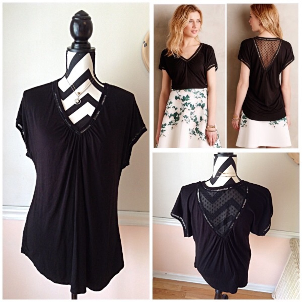 Meadow Rue Black V Neck Sheer V Back Blouse