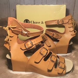 NWT! CHASE & CHLOE LACE UP WEDGE SANDALS