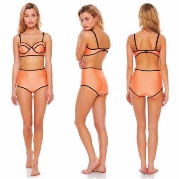 Orange Color Block High-Waisted 2-Pc Surf Bikinis - Picture 3 of 8