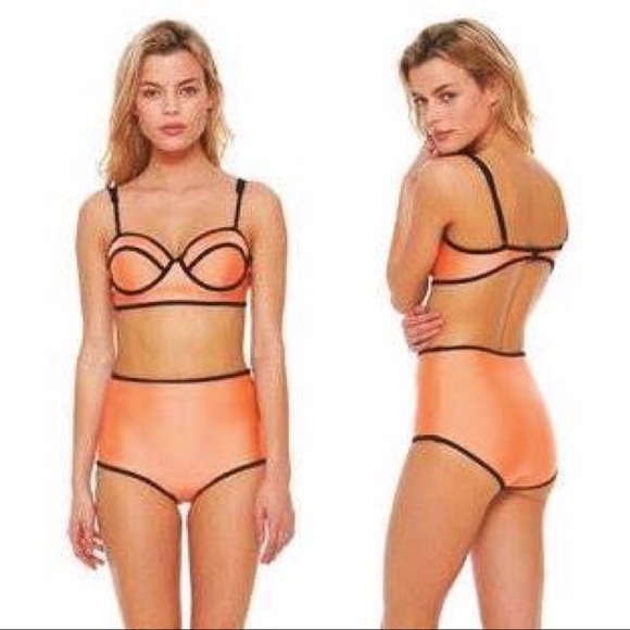 Orange Color Block High-Waisted 2-Pc Surf Bikinis - Picture 2 of 8