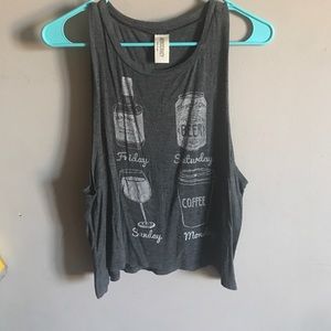 Grey tank top. Whisky, beer, wine, and coffee!