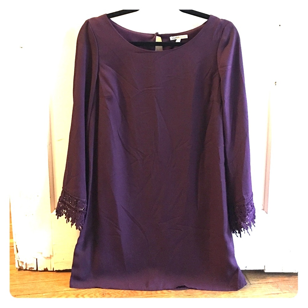 Plum Purple Shift Dress with Lace Sleeves