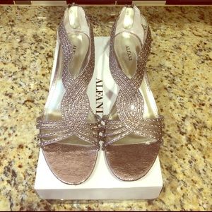 Pewter colored low wedge bedazzled sandals