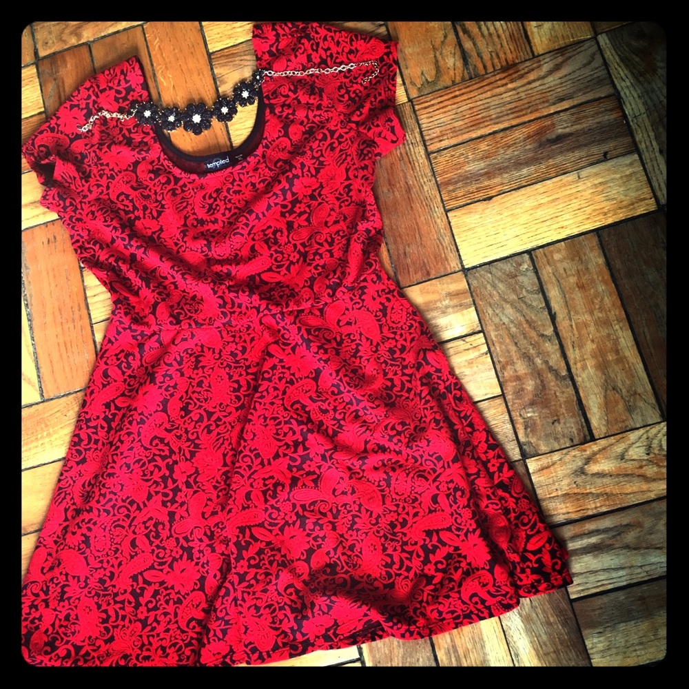 Red A- line skater Brocade Dress