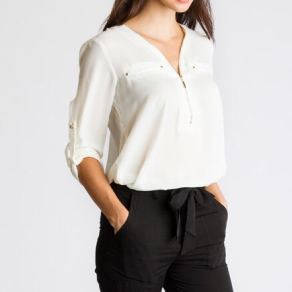 Gold Zipper Front Blouse in White