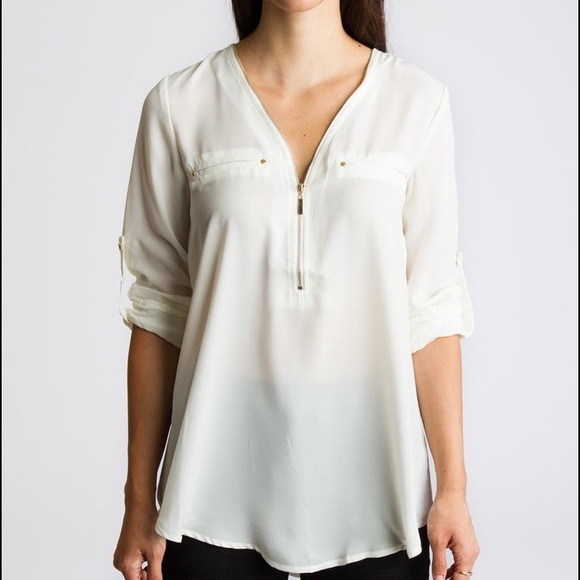 Gold Zipper Front Blouse in White - Picture 2 of 4