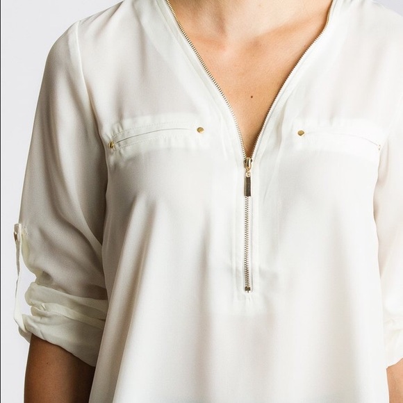 Gold Zipper Front Blouse in White - Picture 3 of 4