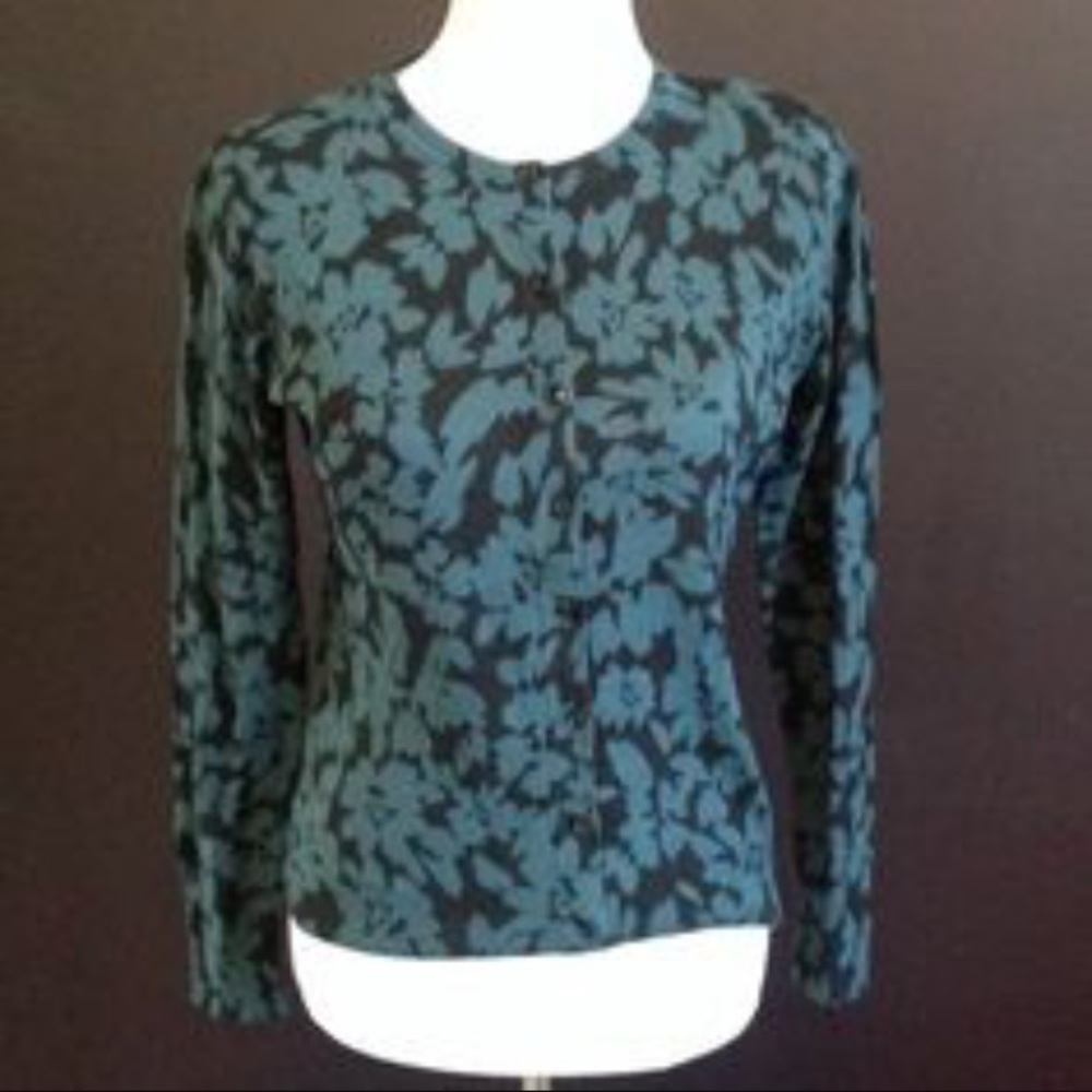Loft Green Black Floral Leaf Cardigan Sweater M