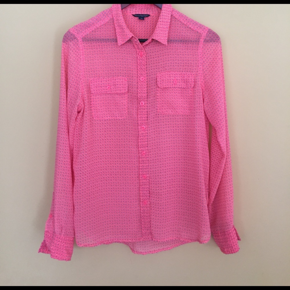 Pink printed collared shirt semi-sheer