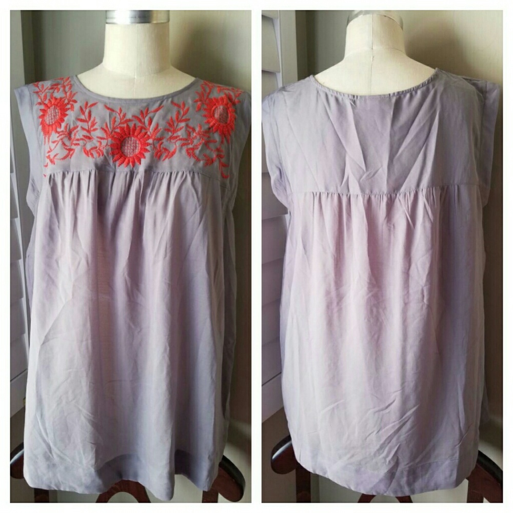 Gray Sheer Maternity Blouse w/ Embroidered Collar - Picture 1 of 4