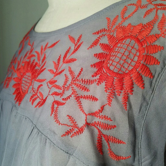 Gray Sheer Maternity Blouse w/ Embroidered Collar - Picture 3 of 4