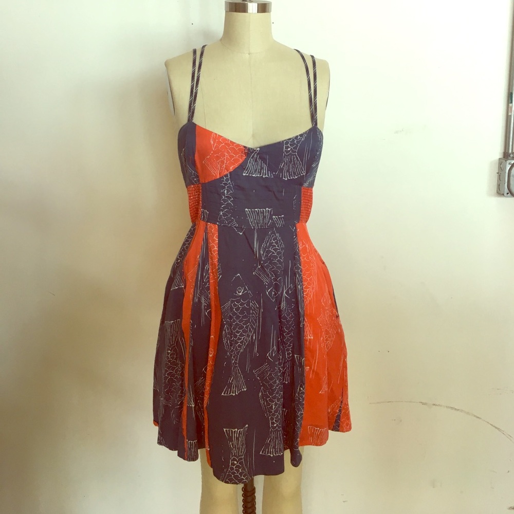 Free people red and blue cotton fish print dress