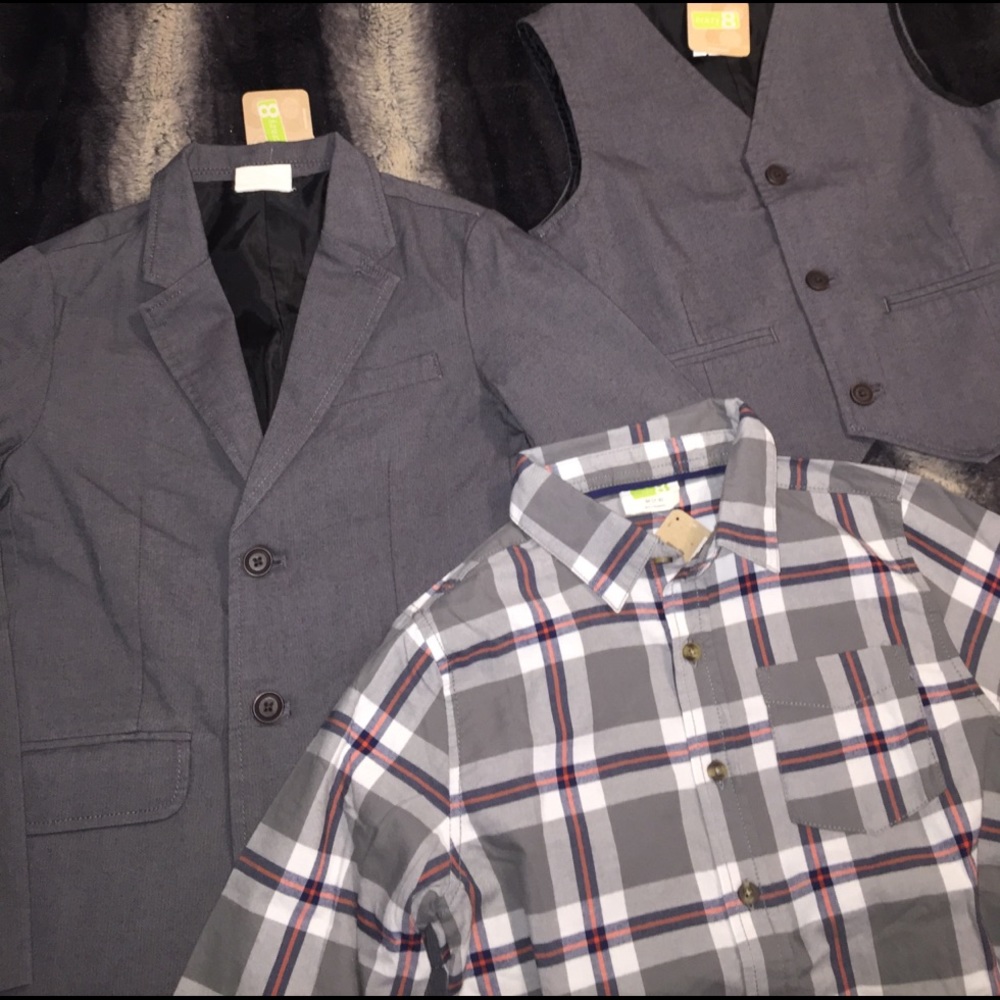 New Crazy 8 boys dress shirt, vest, and blazer.