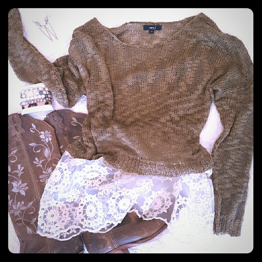Very J Taupe Sweater with Lace Trim
