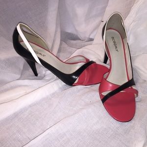 BCBG black, white & pink 4" heels. Worn once!