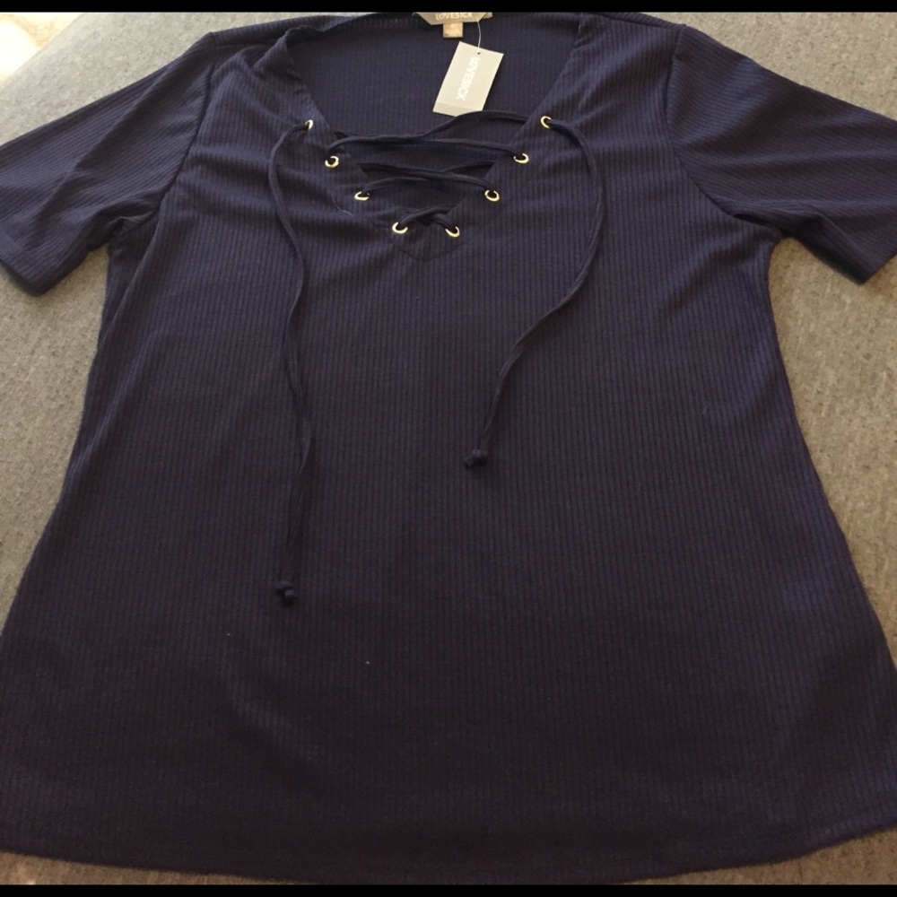 Navy Lace up Ribbed T
